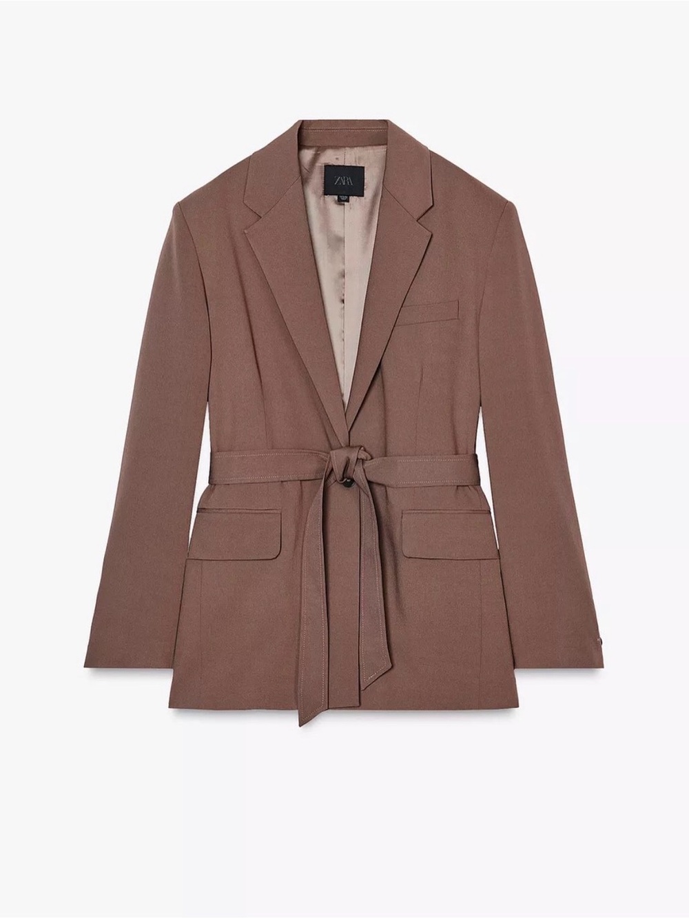 ZARA Brown Tie-Belt Single-Breasted Blazer